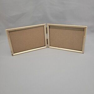 Vtg MCM Gold Tone Bi-Fold Double Picture Frame 5x3.5" Non-Glare Glass Landscape